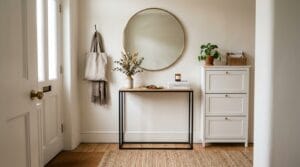 A bright, narrow entryway styled with a slim console table and a round mirror.