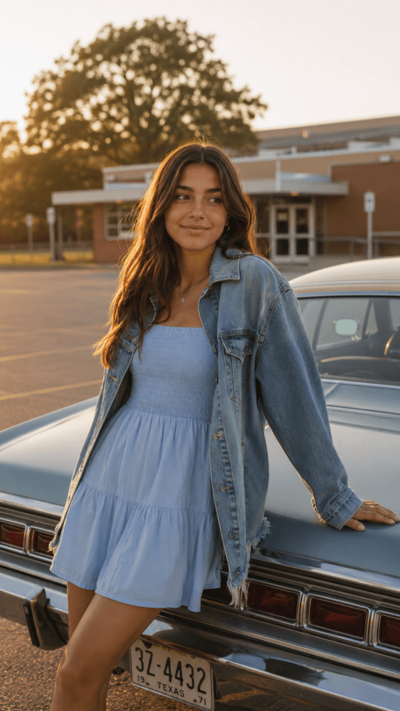 Summer School Outfit Ideas for Teen Girls: Fun, Fresh & Totally On-Trend 5 Teen girl wearing a blue smocked cotton dress and a raw-hem denim jacket.