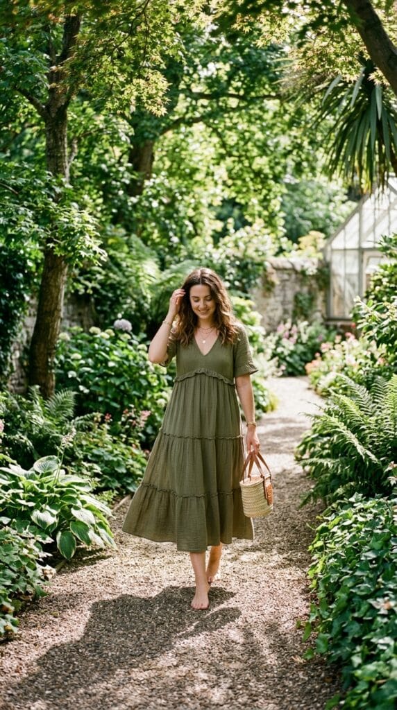 Olive green tiered cotton gauze midi dress with smocked bodice in garden setting.