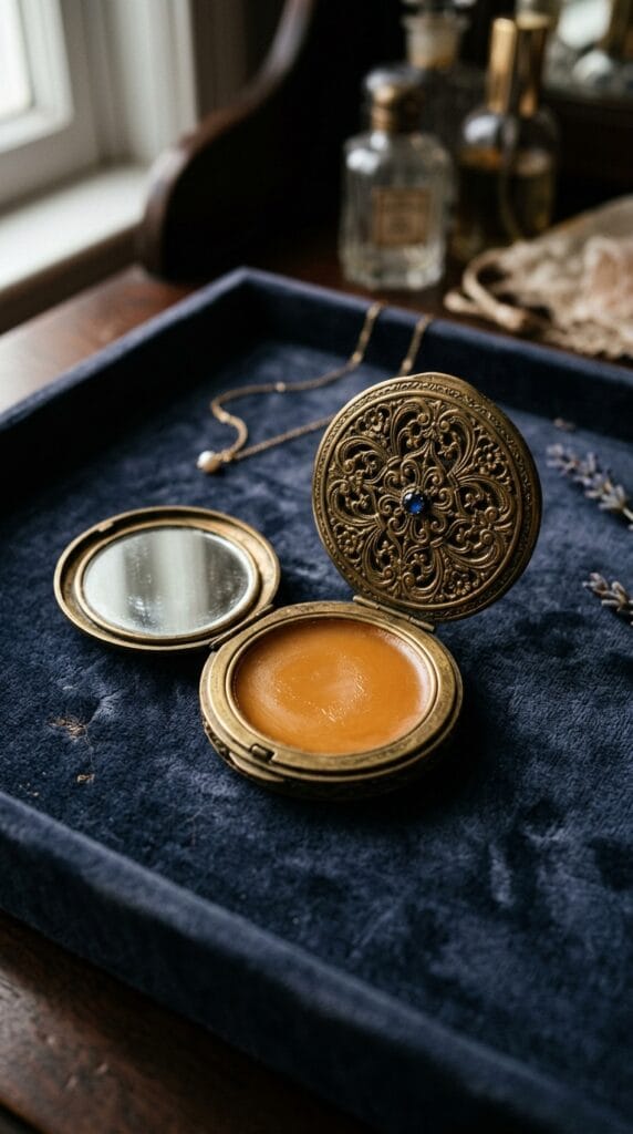 Last Minute Birthday Gifts for Her That Still Feel Incredibly Thoughtful 13 An open brass solid perfume compact resting on a dark green velvet tray.