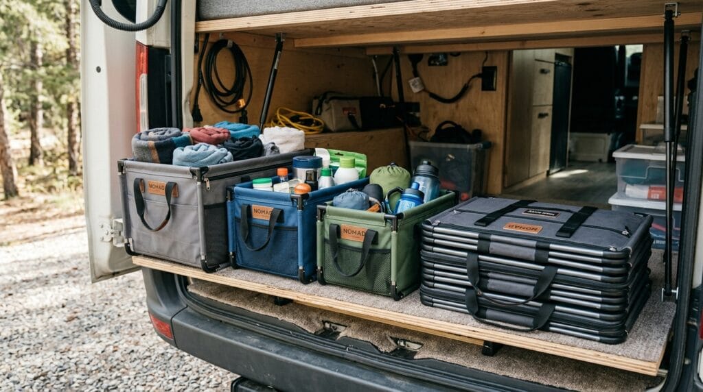 Collapsible storage containers shown folded and expanded inside a compact camper storage space.