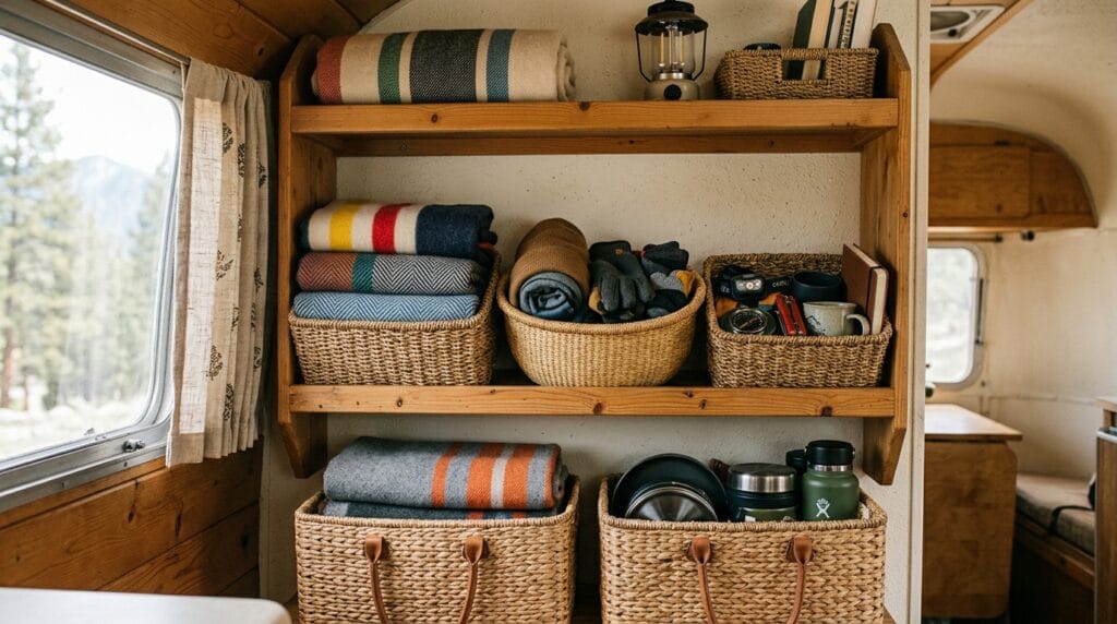 Woven storage baskets arranged on open camper shelving holding blankets and travel gear.