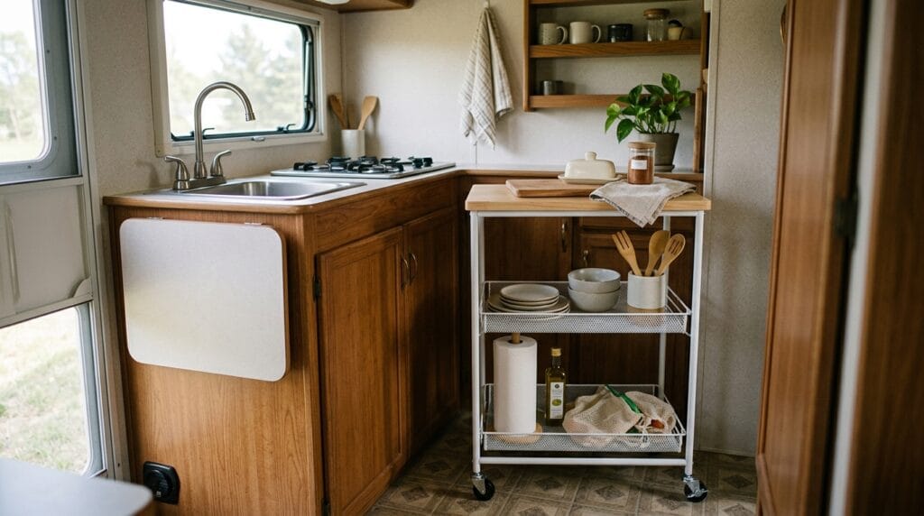 Rolling storage cart holding kitchen supplies positioned inside a compact camper kitchen area.