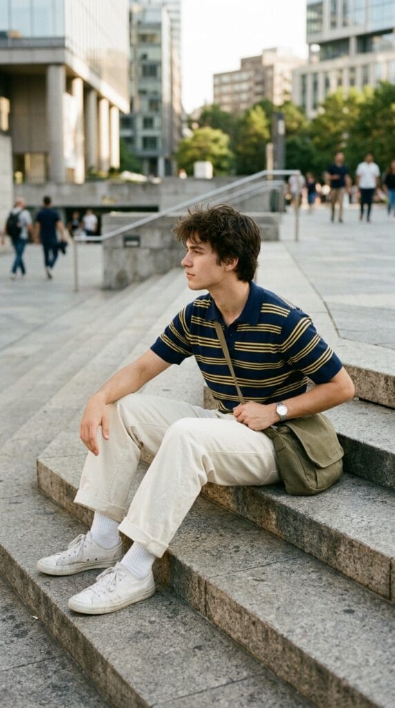 Skater Boy Summer Outfits for Teens That Are Effortlessly Cool 6 Teen skater wearing a striped knit polo and wide cream canvas pants.