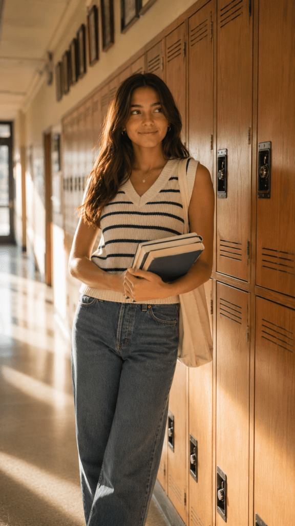 Summer School Outfit Ideas for Teen Girls: Fun, Fresh & Totally On-Trend 9 Teen girl wearing a striped knit sweater vest and straight-leg jeans.