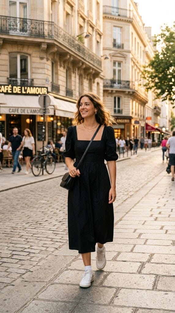 How to Style Summer Dresses with Sneakers (13+ Outfit Ideas) 2 Woman wearing a black cotton poplin midi dress and white retro sneakers on a street.