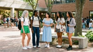 Teen girls wearing trendy summer school outfits in a sunlit school courtyard.