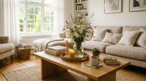 A sunlit wooden coffee table beautifully styled with vibrant summer-themed home decor items.
