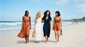 Diverse group of women wearing stylish, breathable summer dresses on a sunny beach.