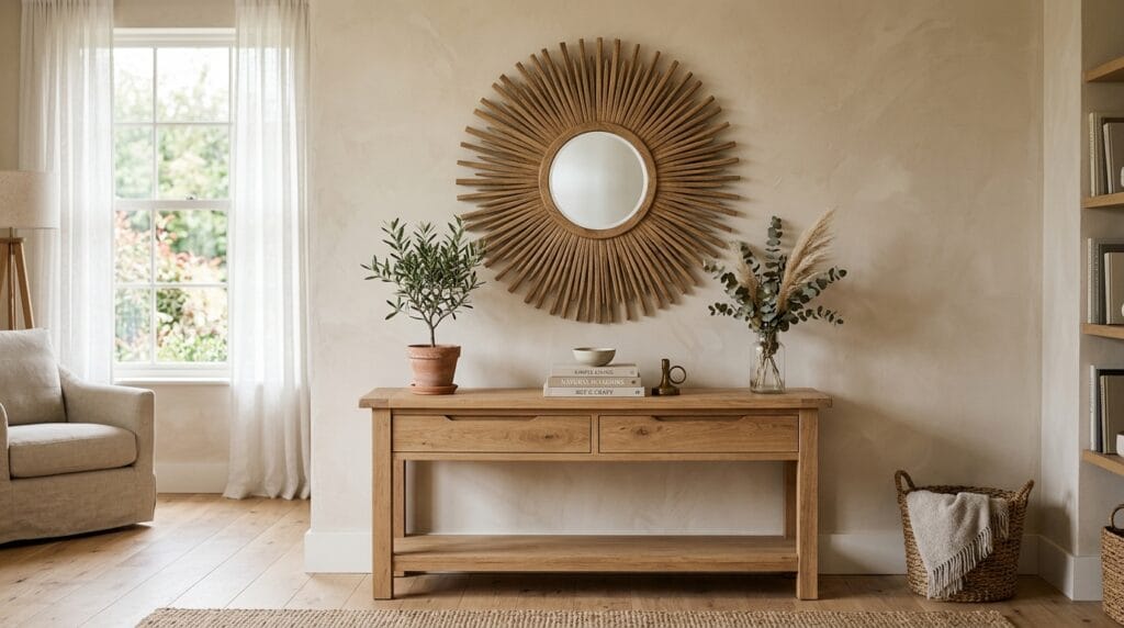 Round sunburst wood-framed mirror hanging above a console table in a neutral living room.