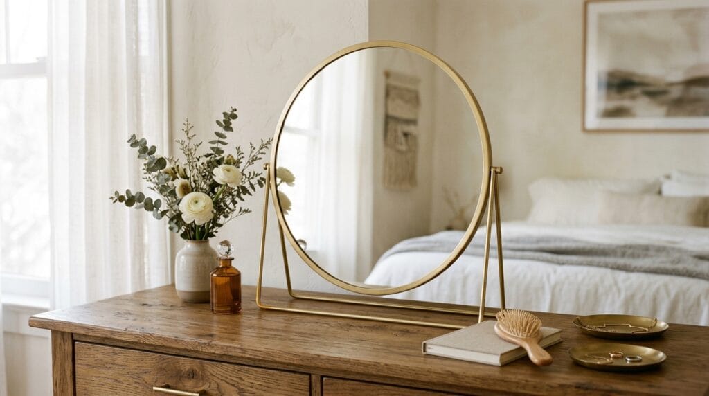 Coquette bedroom decor: soft, feminine, and utterly pretty 4 Round gold-framed vanity mirror standing upright on a softly lit bedroom dresser surface.