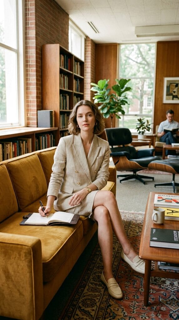 Teacher Outfit Ideas for Back to School: First-Week Looks That Make an Impression 7 Woman wearing a beige tailored linen blazer and matching shorts in a lounge.