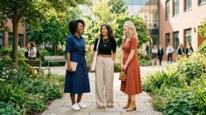 Three teachers wearing professional summer outfits standing in a school courtyard laughing.
