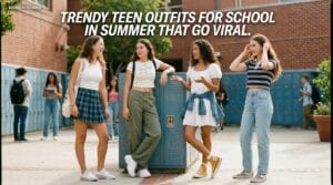 Group of teen girls in trendy summer school outfits mixing denim, cotton, and layers.