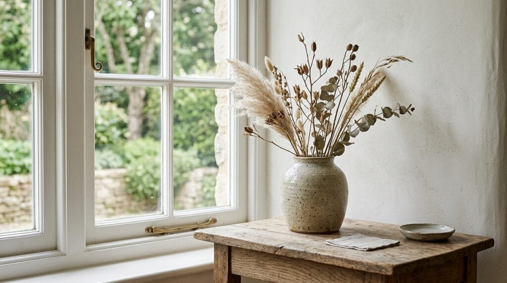 Textured ceramic vase with dried stems resting on a wooden table near a window.