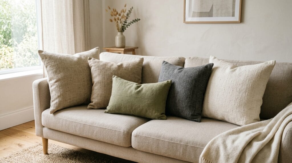 Textured linen throw pillow covers arranged on a neutral sofa in a sunlit room.