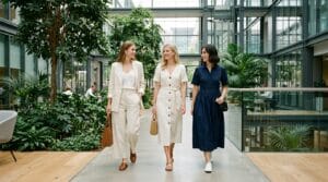 Women wearing stylish cotton and linen office-ready summer outfits in a modern workspace.