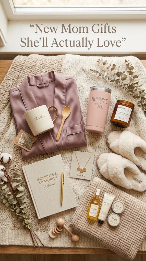 Thoughtful New Mom Gift Ideas That Go Beyond the Baby and Focus on Her 2 A cozy collection of thoughtful new mom gifts including a silk robe, candle, tumbler, jewelry, journal, slippers, and self-care items focused on her comfort.