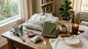 Assorted lifestyle gift items arranged together in a softly lit home setting.