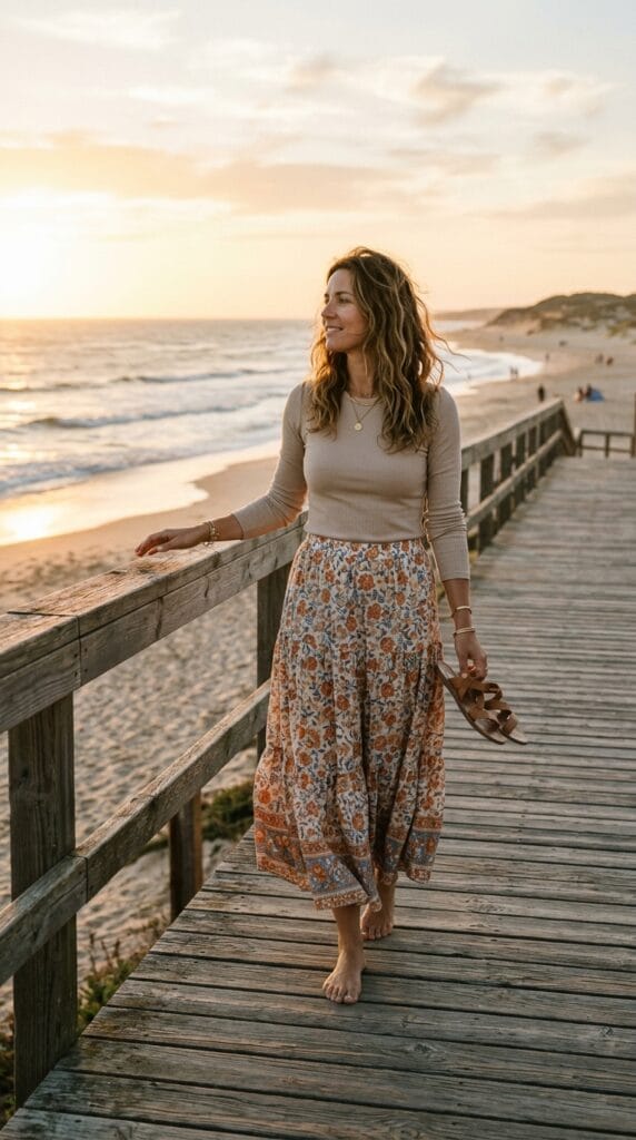 Modest Summer Outfits That Work for Every Occasion 10 Woman on a boardwalk in a tiered cotton maxi skirt and fitted top