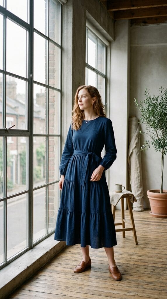 A navy cotton poplin tiered midi dress with a tied waist styled for the office.