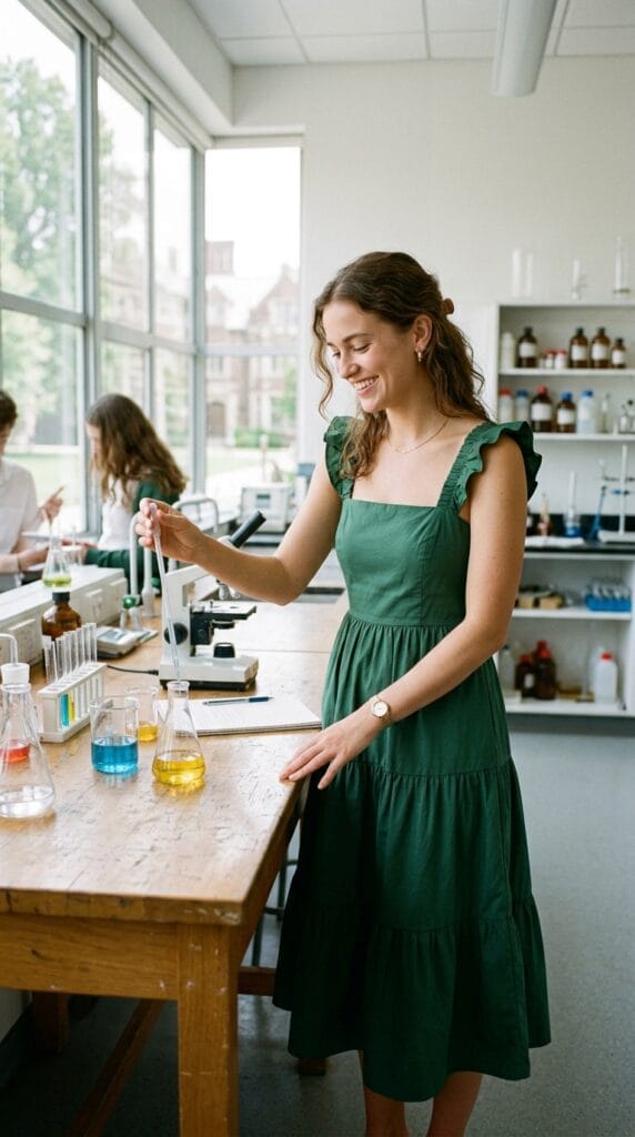 Teacher Outfit Ideas for Back to School: First-Week Looks That Make an Impression 10 Woman wearing a forest green tiered cotton poplin midi dress in a science lab.