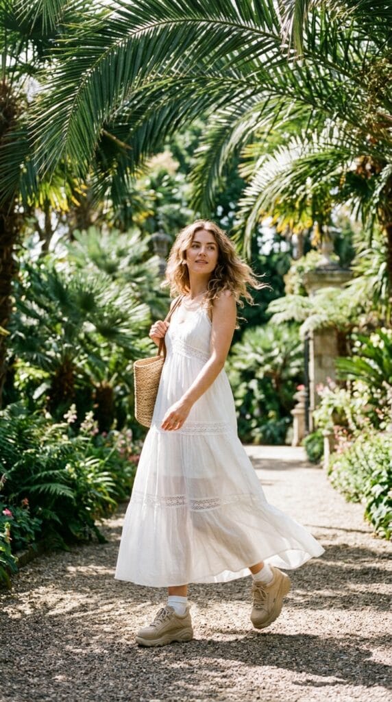 How to Style Summer Dresses with Sneakers (13+ Outfit Ideas) 9 Woman in tiered white cotton voile maxi dress and chunky beige platform sneakers.