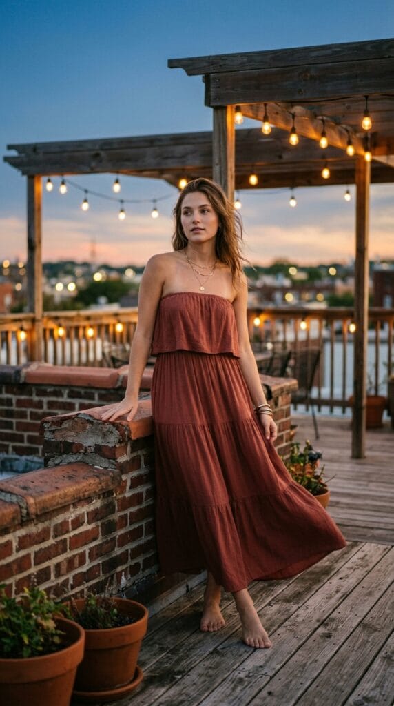Woman in strapless tiered rayon maxi dress on rooftop terrace at dusk