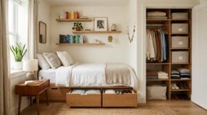 Organized small bedroom interior showing smart underbed storage and neat wooden wall shelves.