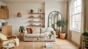 Bright minimalist studio living room with light neutral decor and a large arch mirror.