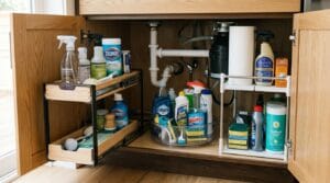 Interior of an organized kitchen cabinet filled with functional shelves and storage units.