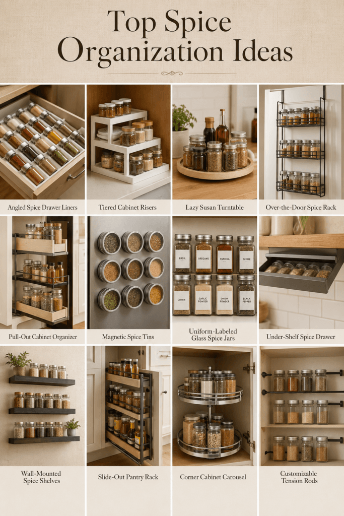 Collage of spice organization products, including angled drawer liners, tiered risers, and a Lazy Susan turntable.