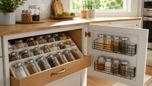 A beautifully organized kitchen drawer and cabinet door displaying neatly arranged glass spice jars.