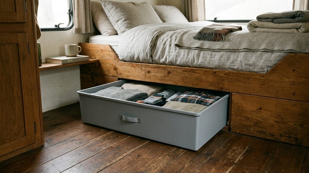 Low-profile storage bin sliding out from beneath a camper bed holding folded items.