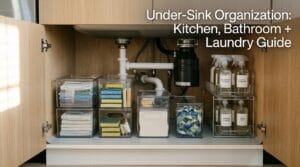 A neatly organized under-sink cabinet featuring clear bins and storage drawers.