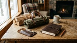 A rustic wooden table displaying curated lifestyle gifts for an older gentleman.