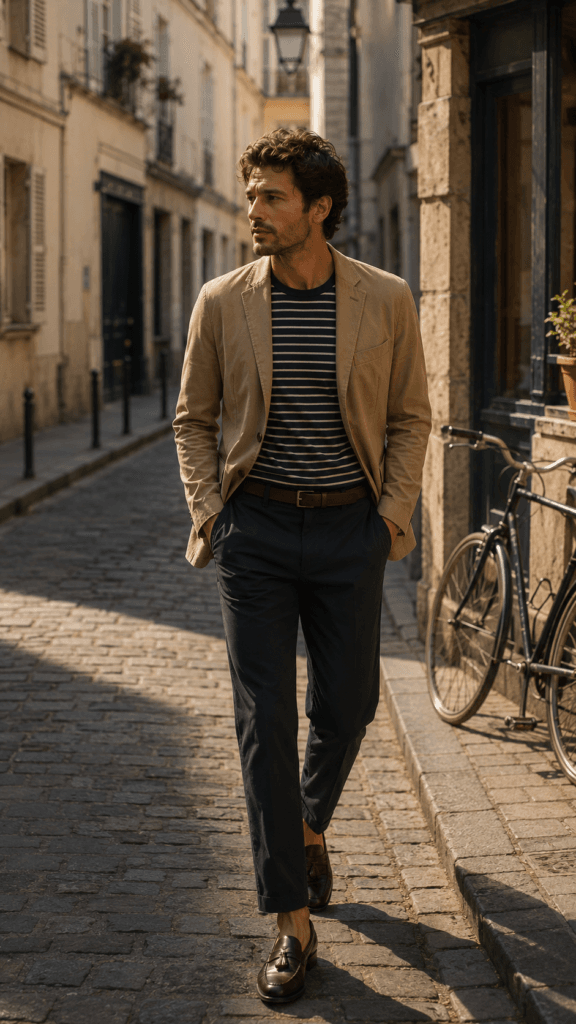 Man in unstructured tan cotton sport coat over a striped tee on a stone street.
