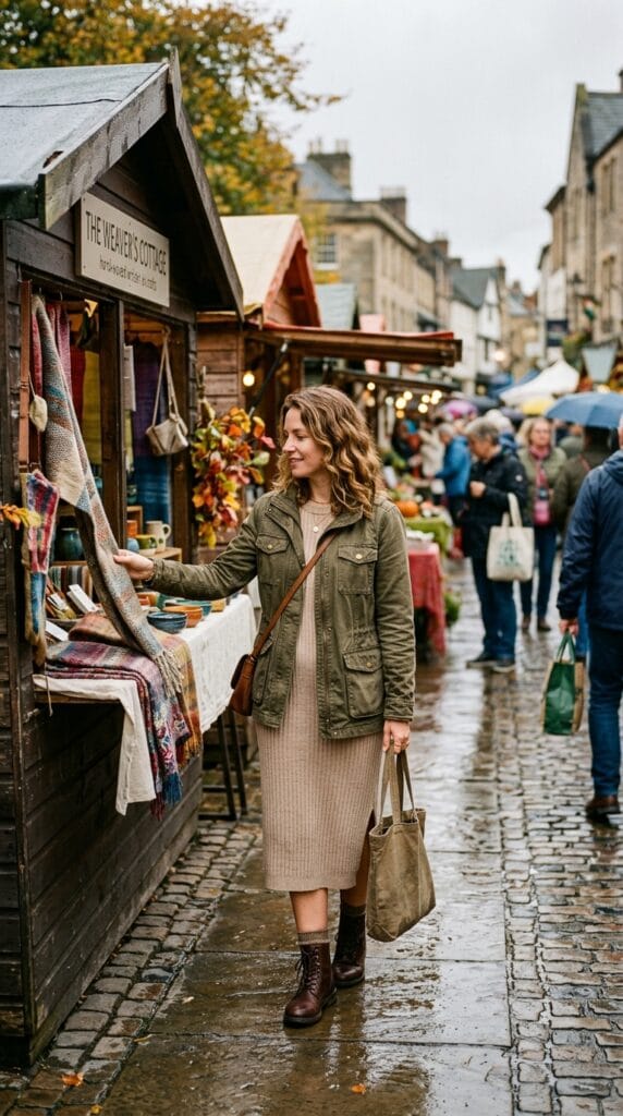 A woman wearing an olive canvas jacket over a beige knit midi dress.