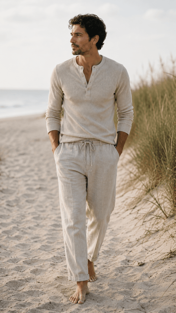 Man in sand-colored waffle knit henley and linen drawstring pants on a beach path.