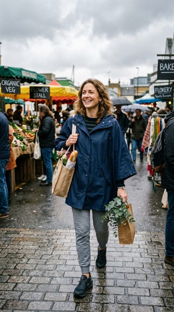 A woman wearing a navy waterproof poncho and grey cotton joggers.