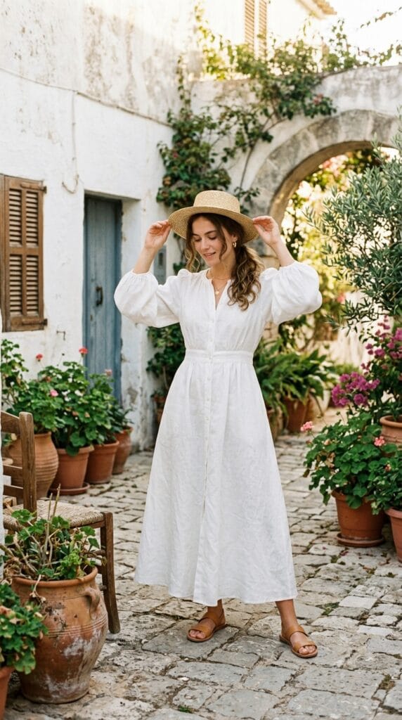 Woman in white linen button-through maxi dress with puff sleeves in courtyard.