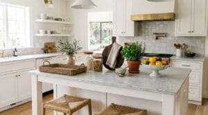 Bright modern kitchen featuring a styled white kitchen island with elegant decorative accessories.
