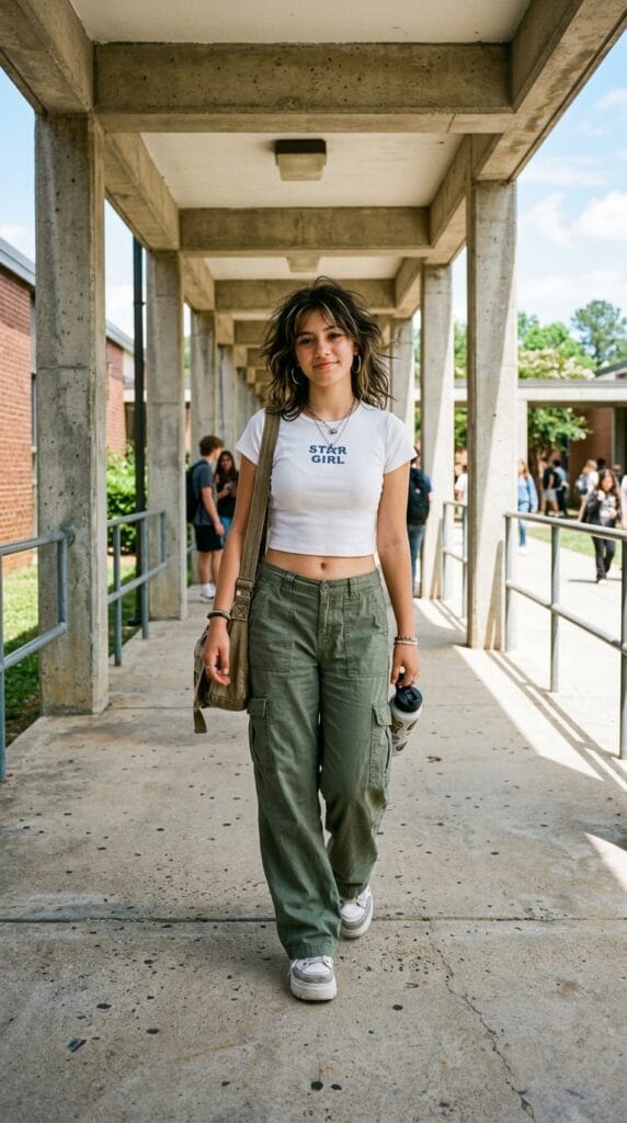Teen girl wearing wide-leg cargo pants with a cropped baby tee and sneakers.