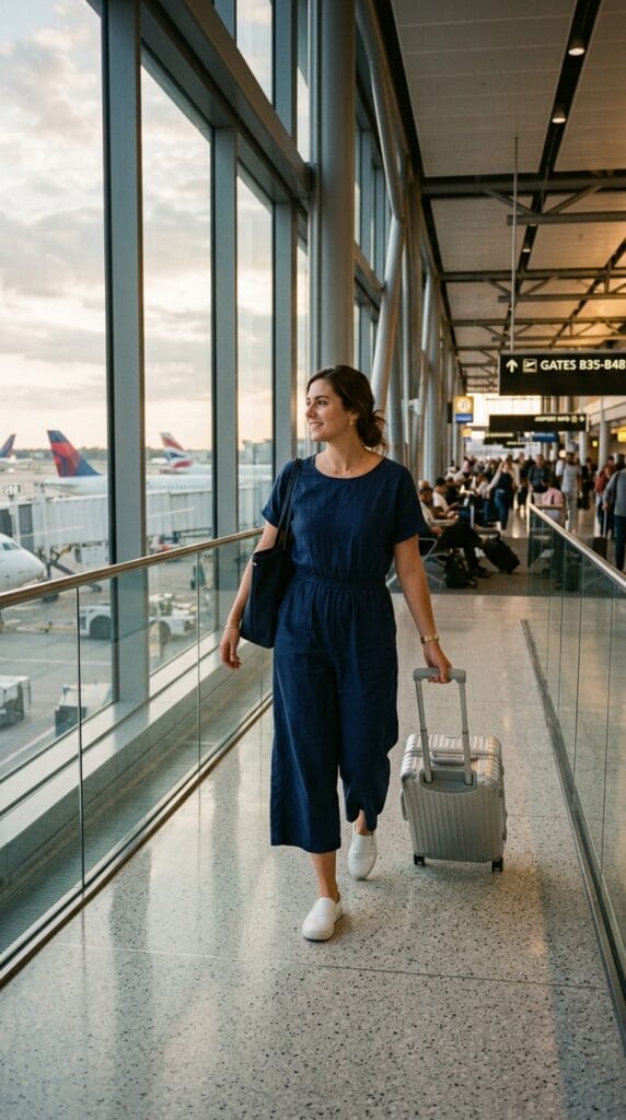 Modest Summer Outfits That Work for Every Occasion 5 Woman walking through an airport in a wide-leg culotte jumpsuit