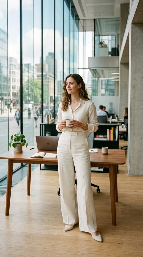 Modest Summer Outfits That Work for Every Occasion 2 Woman in wide-leg linen trousers and tailored blouse in a bright office