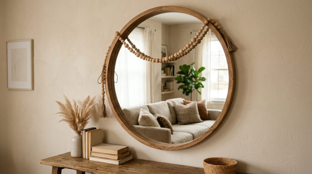Wooden bead garland draped over a round mirror frame in a warm-toned living room.