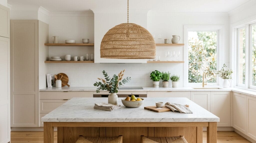 Woven pendant light hanging above a kitchen island in soft natural daylight.