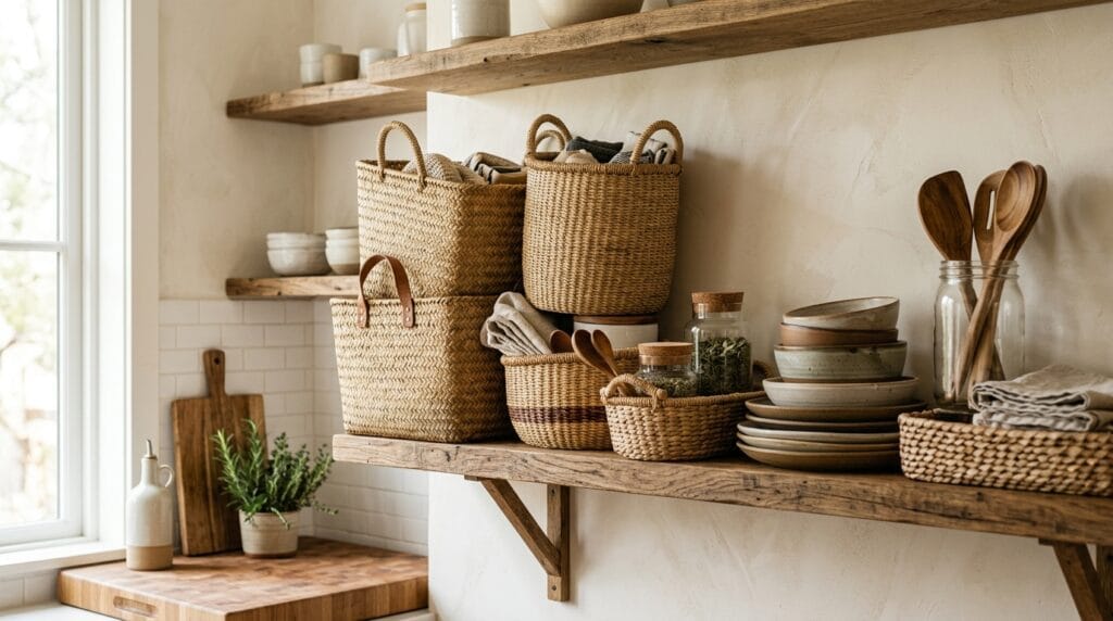 Woven storage baskets stacked neatly on open kitchen shelving.