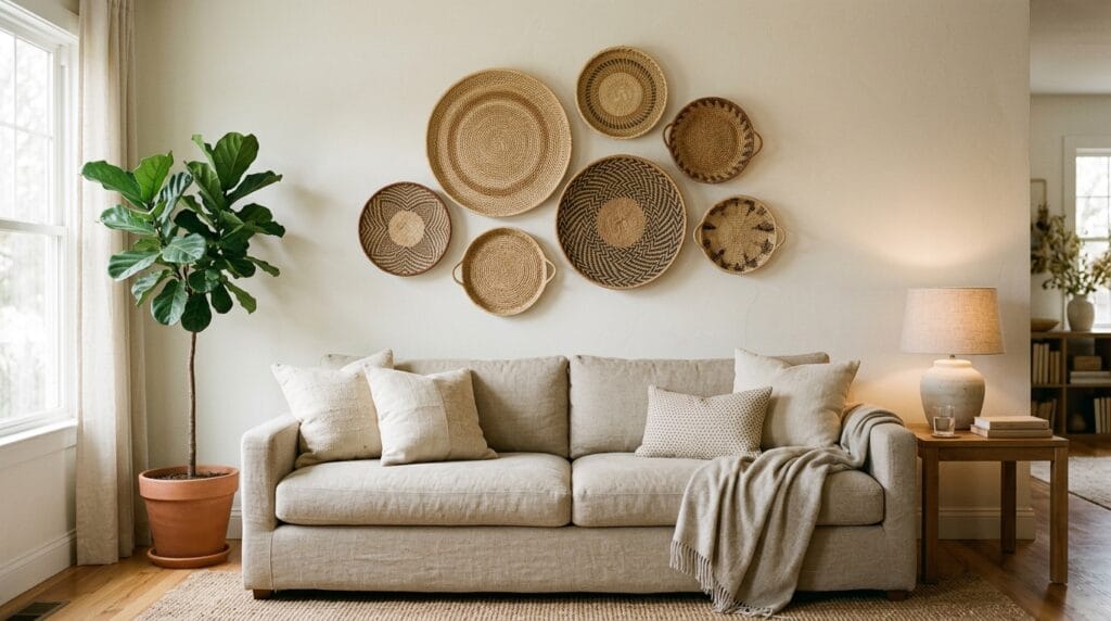Woven wall basket cluster displayed above a linen sofa in a softly lit room.