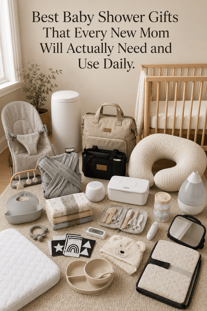 Best Baby Shower Gifts That Every New Mom Will Actually Need and Use Daily 2 A collection of essential baby shower gift items, including bibs, carriers, and swaddles.